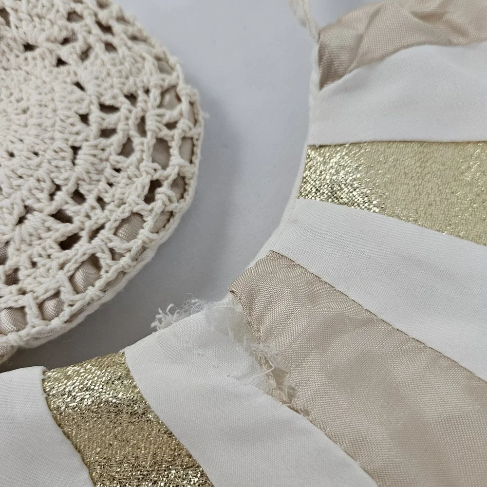 Patchwork Christmas Tree Skirt Quilted Chrochet Large Gold Lame Vintage